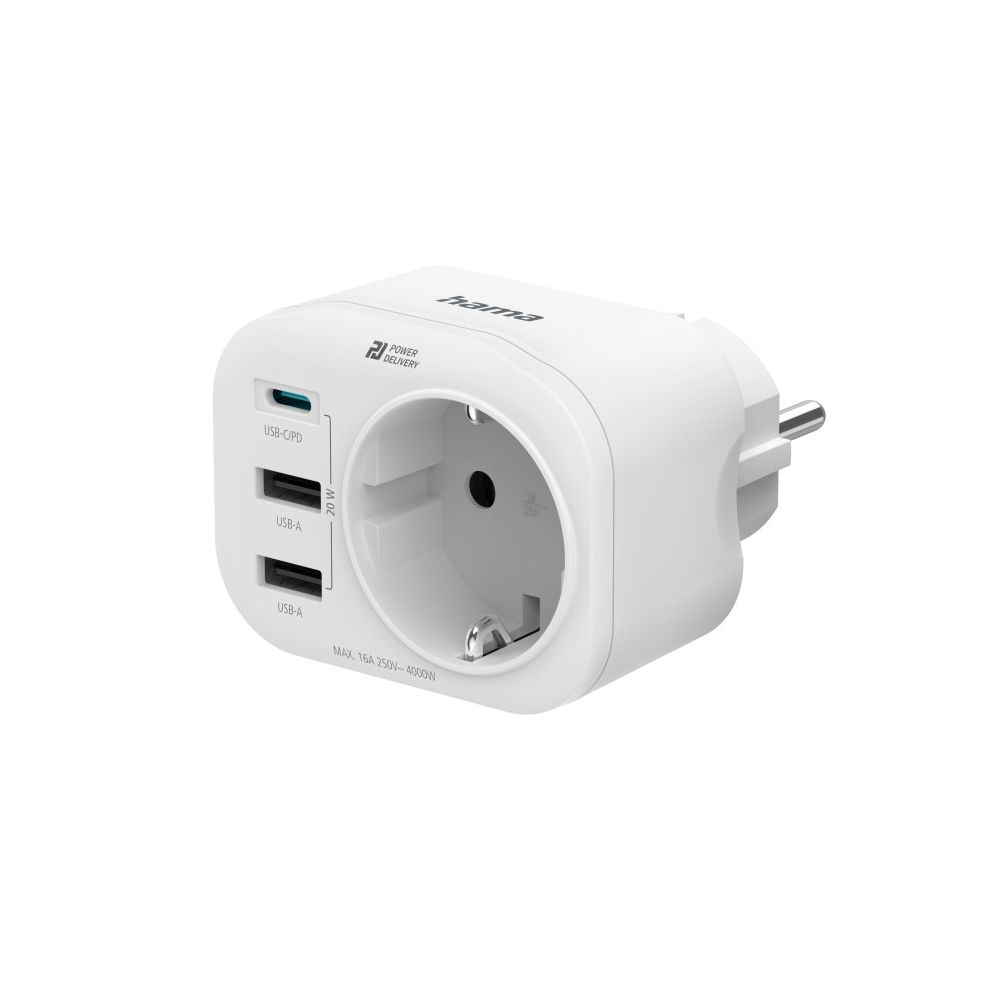 Мултипортов контакт HAMA, 4 гнезда, защита от пренапрежение,USB-C, 2xUSB-A, шуко, бял