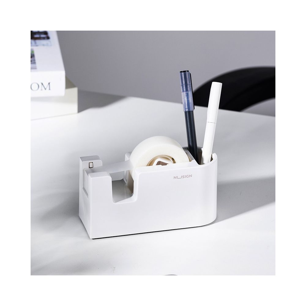 Настолен тиксодържач с моливник NuSign ENS123, 134x52x64 мм, за ленти до 21 мм х 33 м, бял