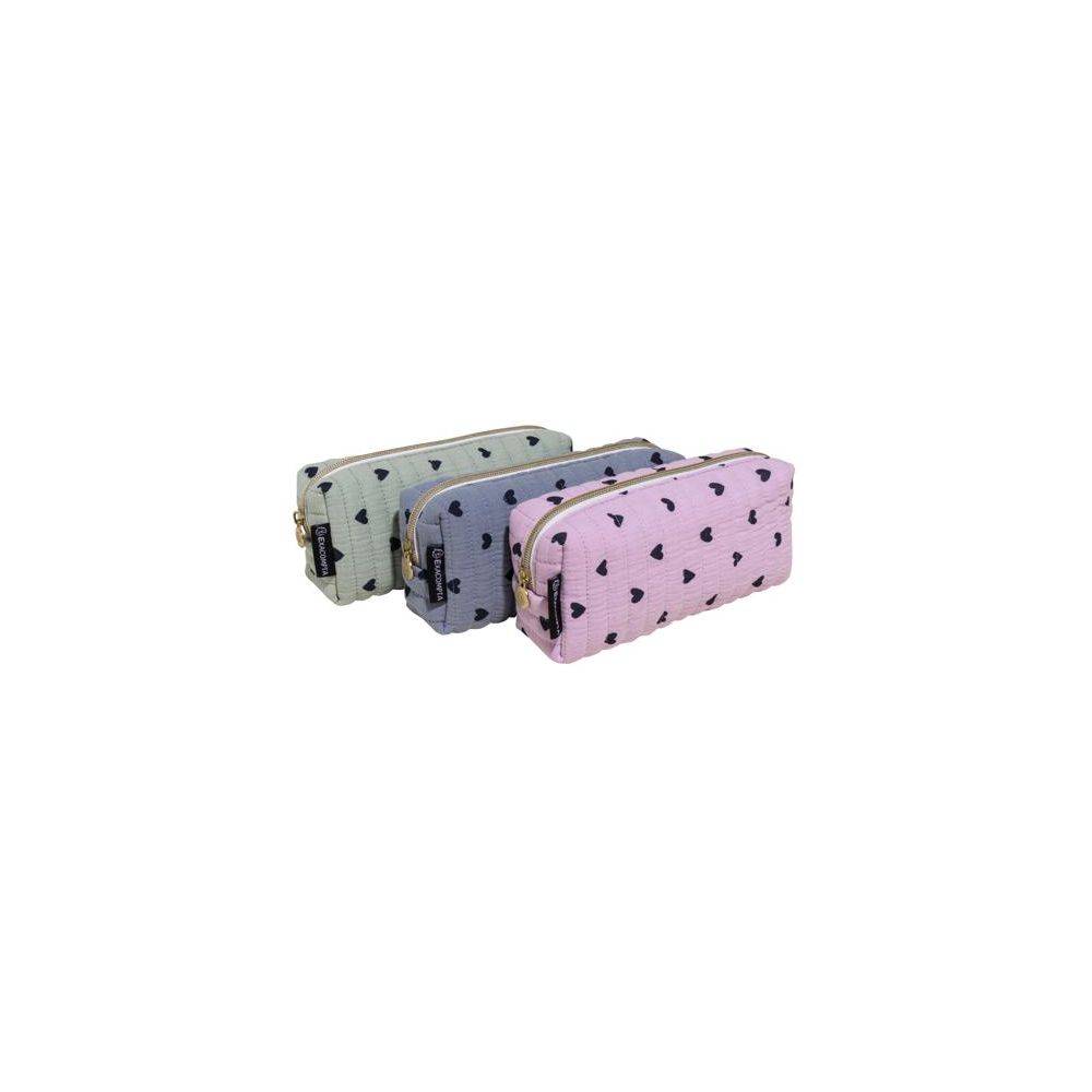 Несесер EXACOMPTA Hearts, с цип, правоъгълен, 21х6х6.5 см, памук, 3 цвята - син, зелен, лилав