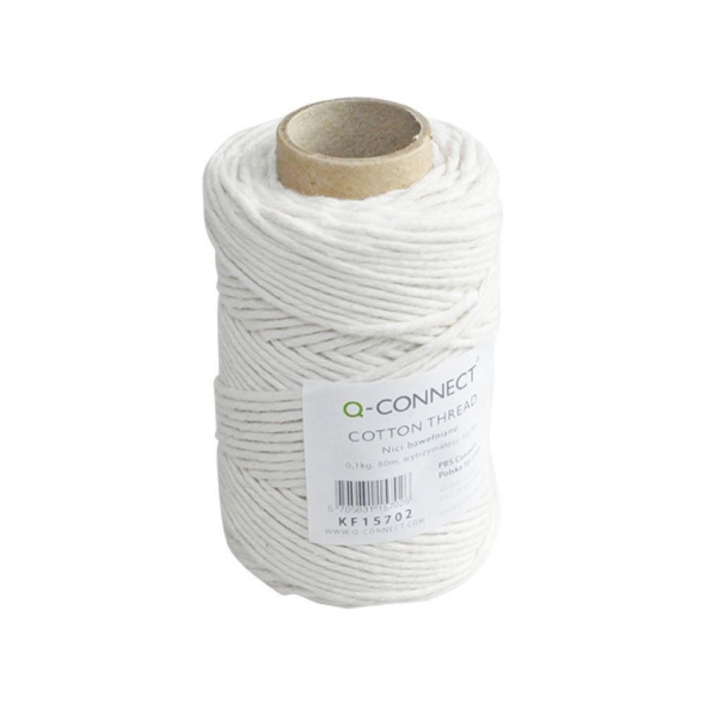 Памучен конец Q-CONNECT, восъчен, 100 г, ролка 80 м, бял