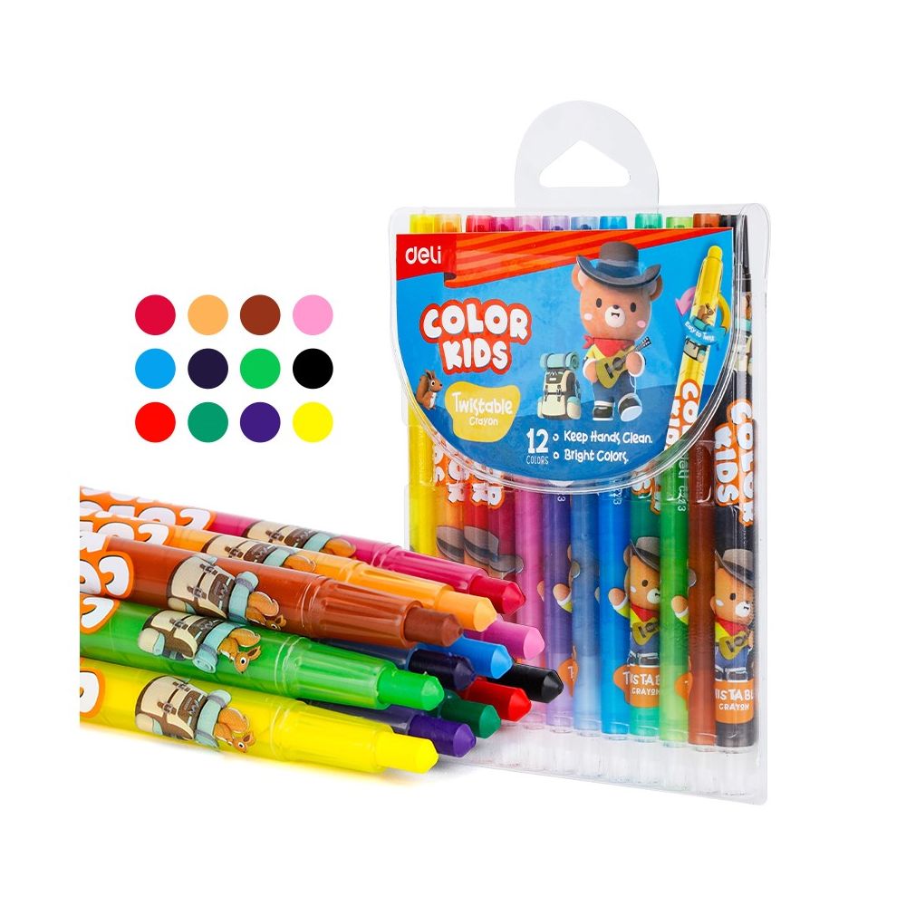 Пастели пластик Deli Color Kids EC223-12, въртящ механизъм, ф10 мм, 165 мм, 12 цвята, в PVC опаковка