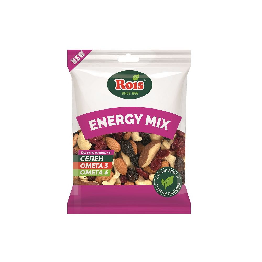 Печени ядки Rois MiХ Energy, стафиди, кашу, черв. боров., бадеми, браз. ядки и лешници, пакет 150 г