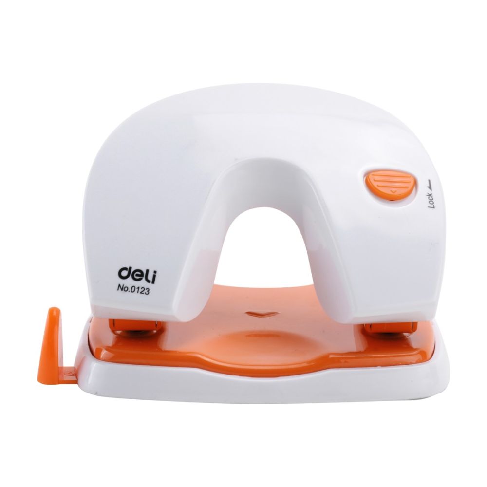 Перфоратор Deli Vivid, E0123, за 20 л.(80 г), с ограничител, пластмаса + метал, бял/оранжев