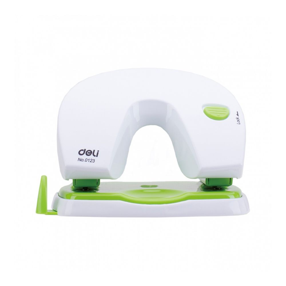 Перфоратор Deli Vivid, E0123, за 20 л.(80 г), с ограничител, пластмаса + метал, бял/зелен