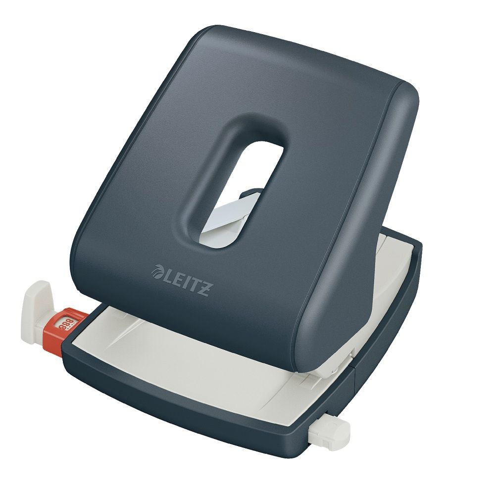 Перфоратор LEITZ Cosy, за 30 л.(80 г), с ограничител, 137x109x131 мм, пластмаса + метал, тъмносив