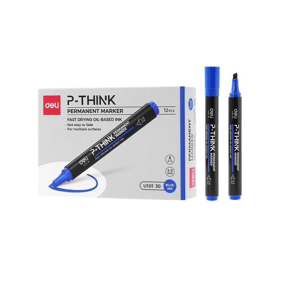 Перманентен маркер Deli think EU10130, скосен връх 1.5-5 мм, син