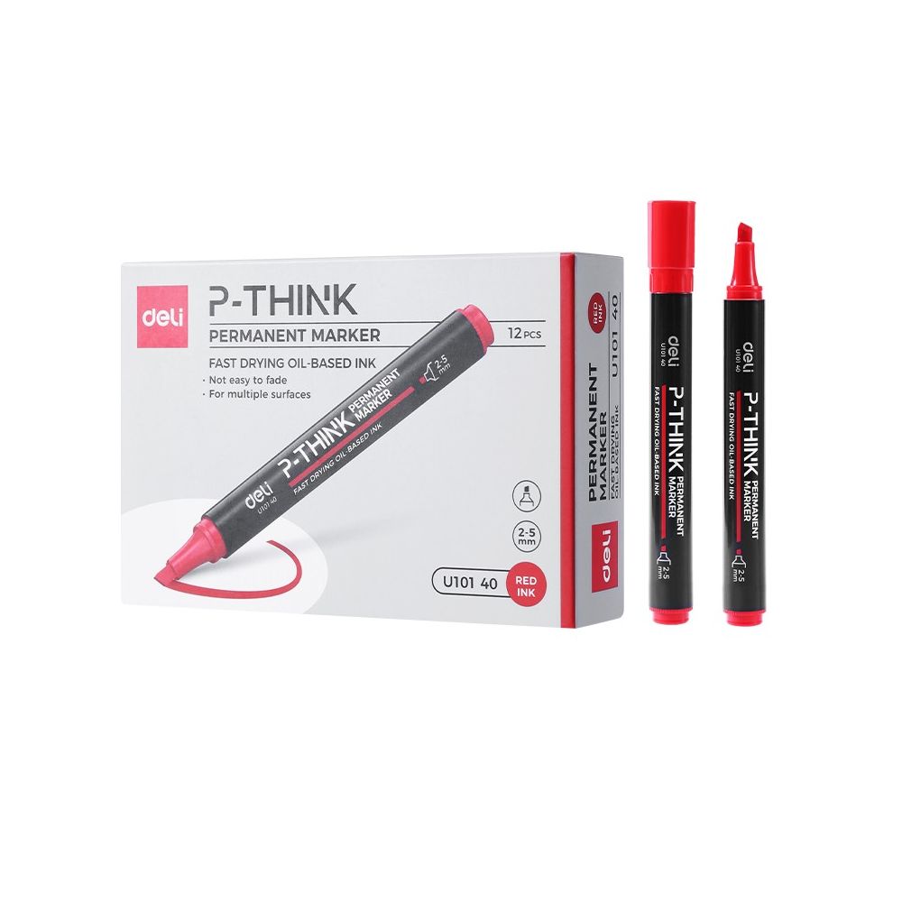 Перманентен маркер Deli think EU10140, скосен връх 1.5-5 мм, червен