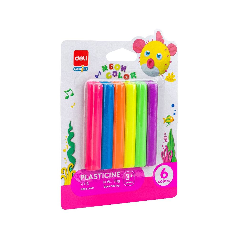 Пластилин Deli Genius Neon EH713, 70 г, 6 цвята неон