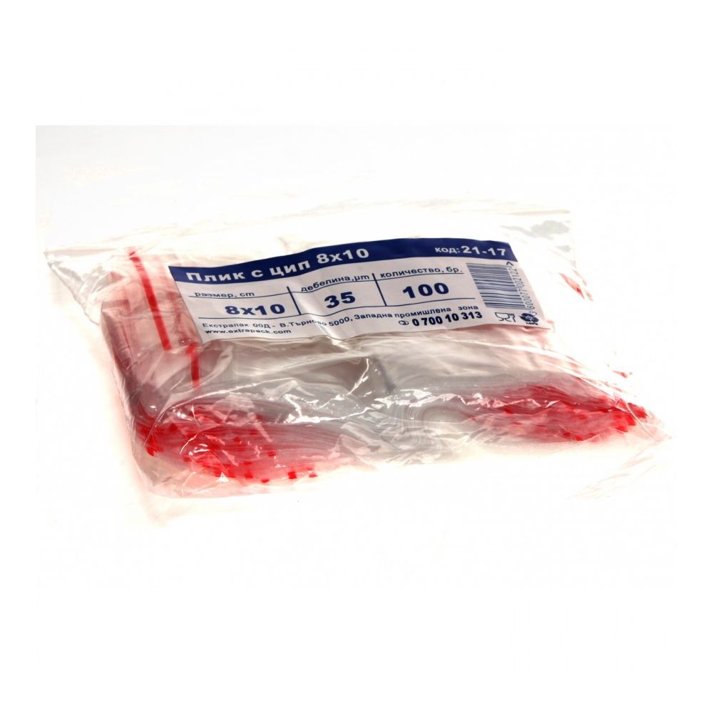 Плик с цип Extrapack, LDPE, 35 mic, кристален, 80х100 мм, опаковка 100 бр.