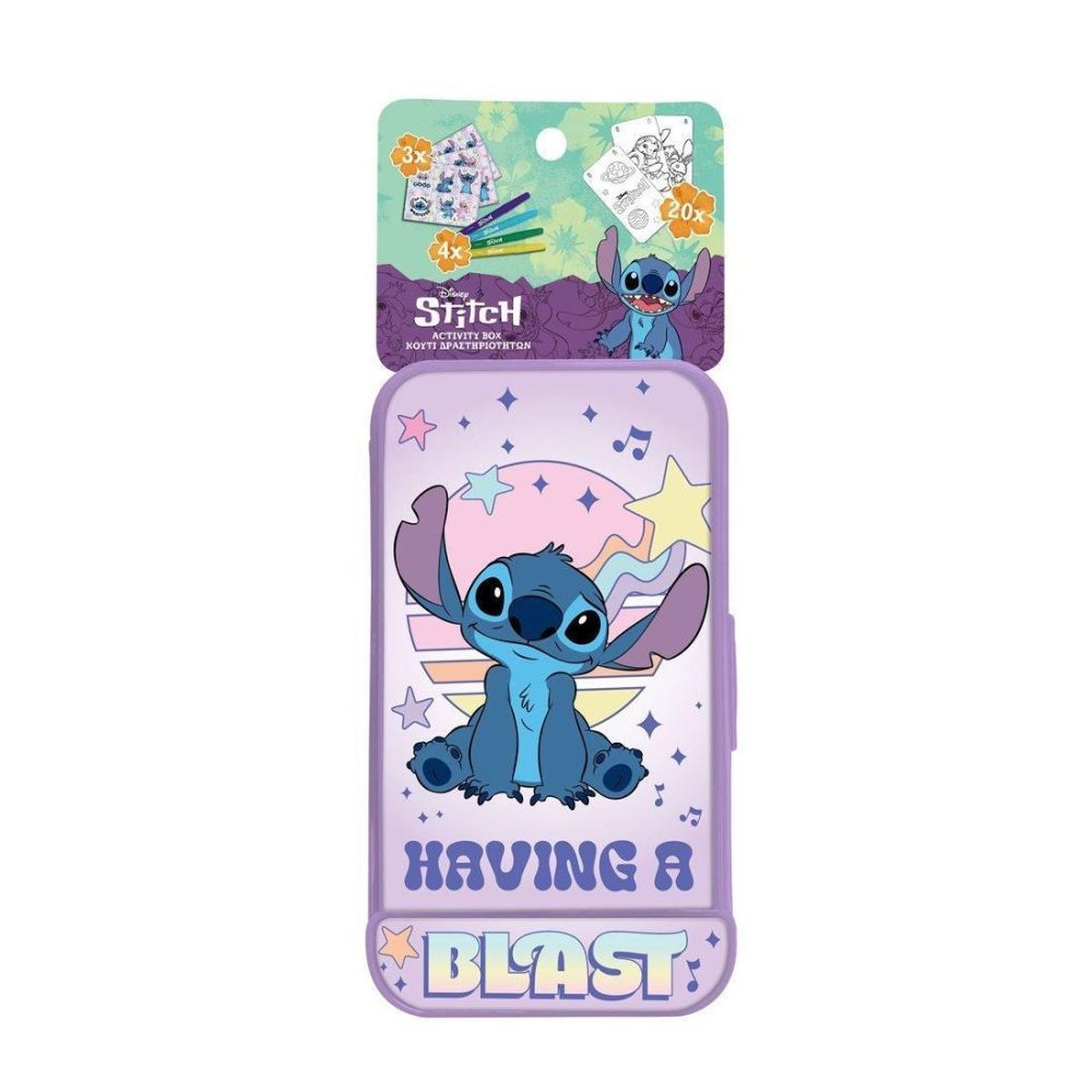 Подаръчен комплект Diakakis STITCH Activity Box, 4 маркера, 3 стр. стикери, 20 стр. за оцветяване