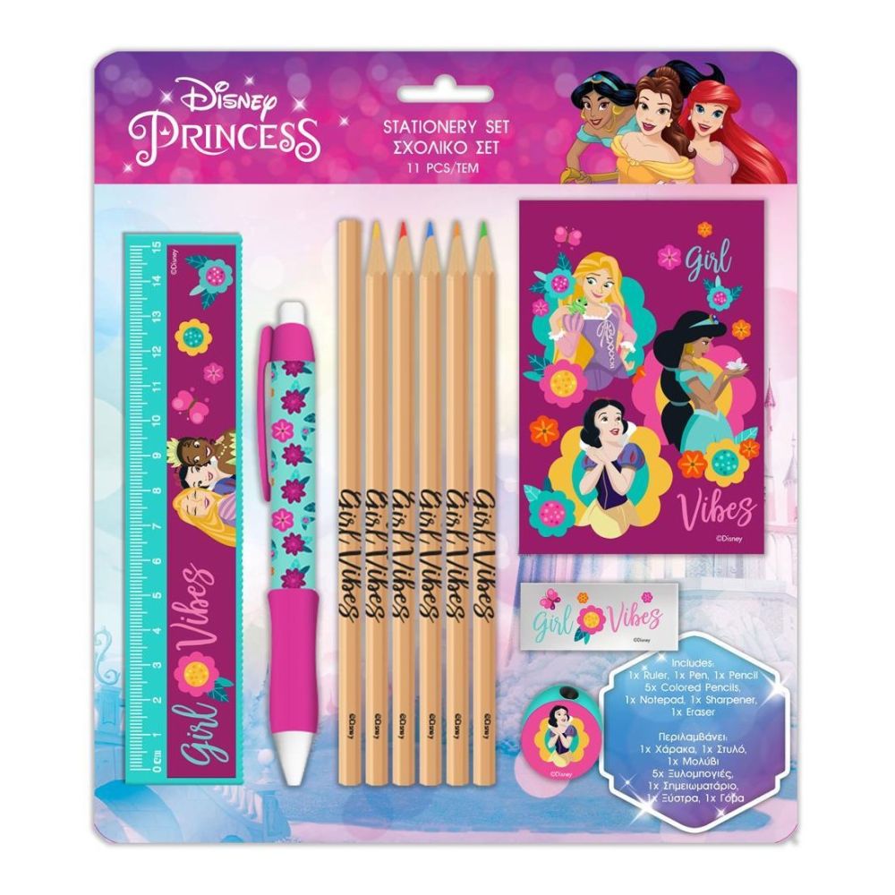 Подаръчен комплект PRINCESS от 11 части - линийка, острилка, цветни моливи, химикалка и др.