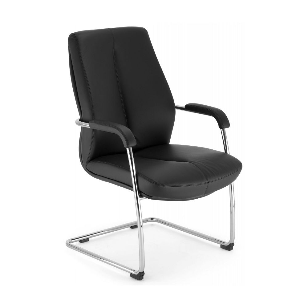 Посетителски стол Sonata Lux, естествена кожа, база хромиран метал, черен