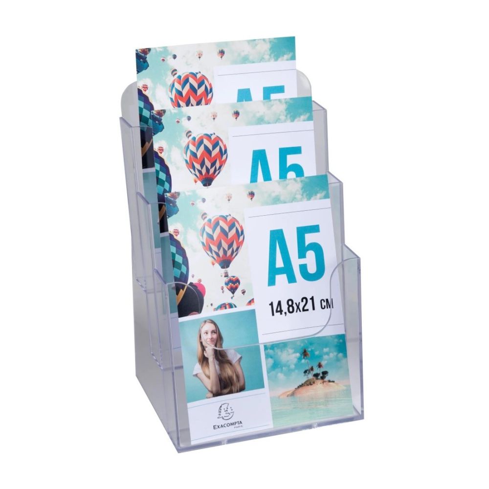 Поставка за брошури EXACOMPTA, А5, 154x181x280 мм, настолна, кристална, 3 отделения