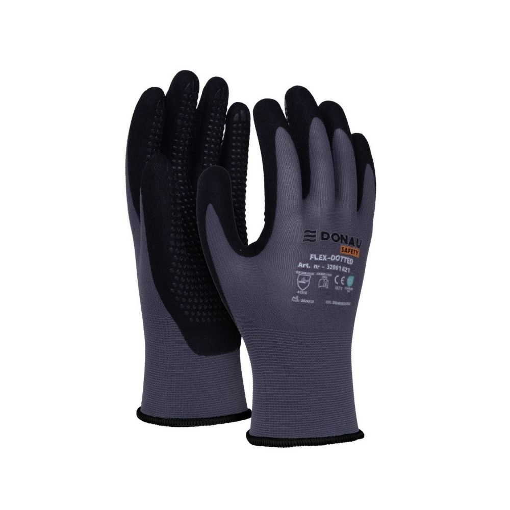 Предпазни ръкавици DONAU Safety Flex, текстил, нитрилно покритие, екстра грип,сиви,размер 10 (XL)