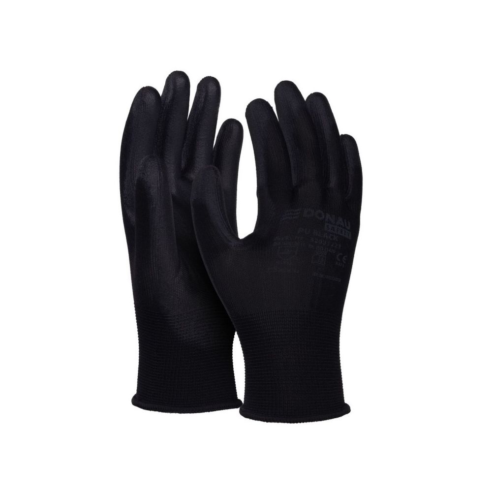 Предпазни ръкавици DONAU Safety, полиестер, PU покритие, черни, размер 10 (XL)