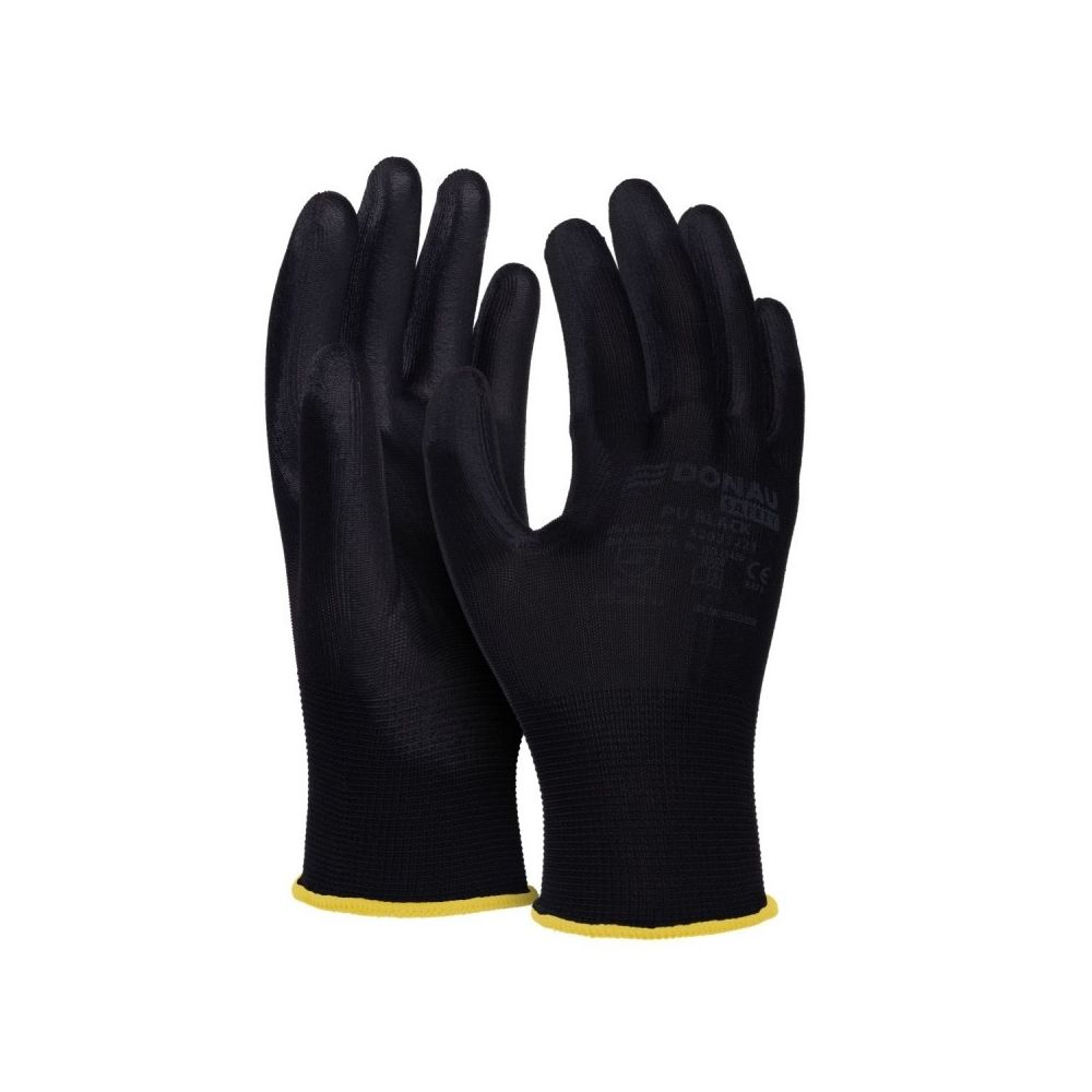 Предпазни ръкавици DONAU Safety, полиестер, PU покритие, черни, размер 8 (M)