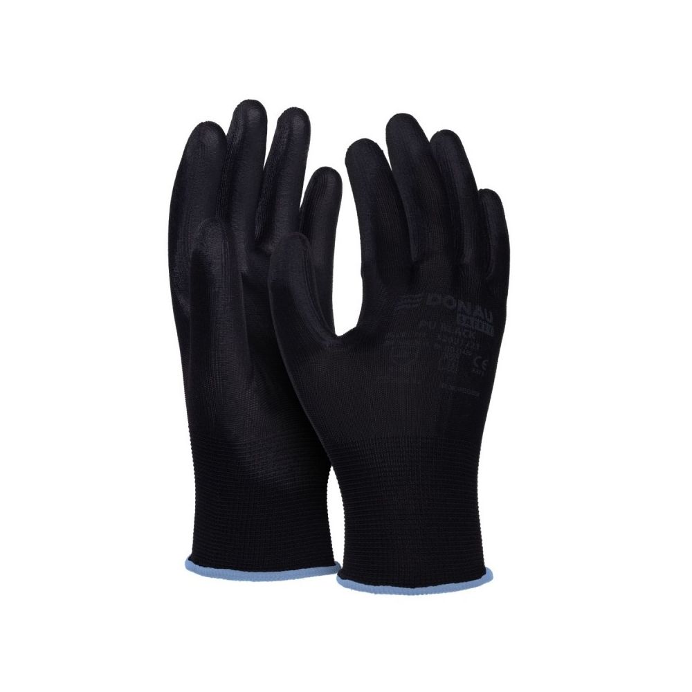 Предпазни ръкавици DONAU Safety, полиестер, PU покритие, черни, размер 9 (L)