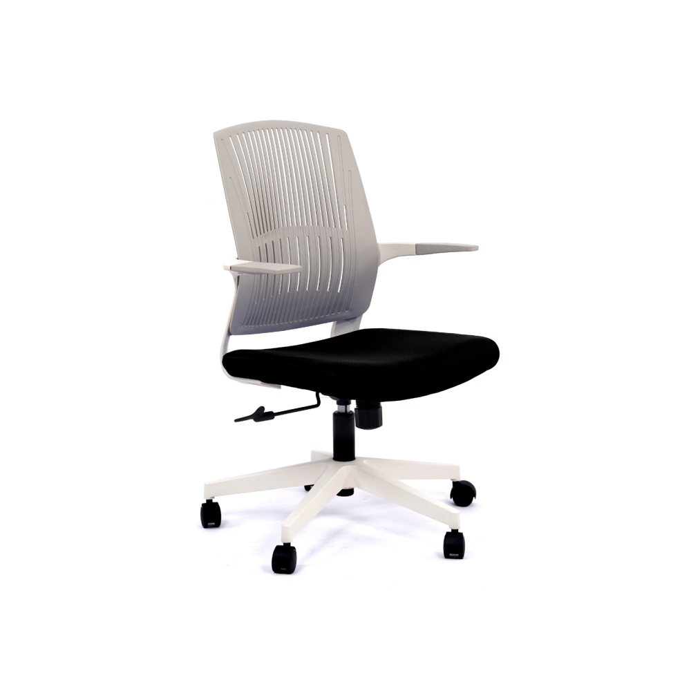 Работен стол BeYou, мрежа и дамаска,бяла PP база, фиксирани подлакътници, черен