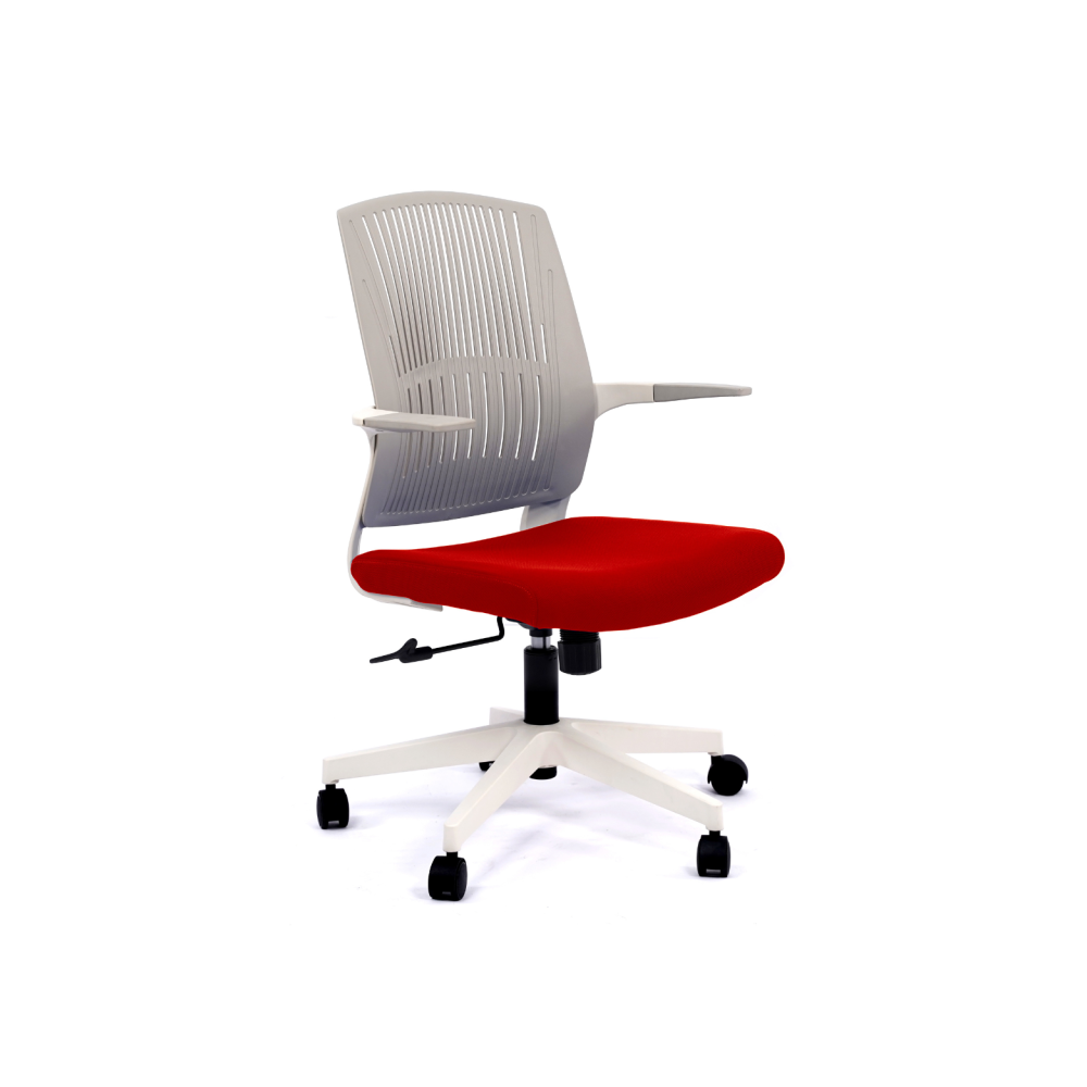 Работен стол BeYou, мрежа и дамаска,бяла PP база, фиксирани подлакътници, червен