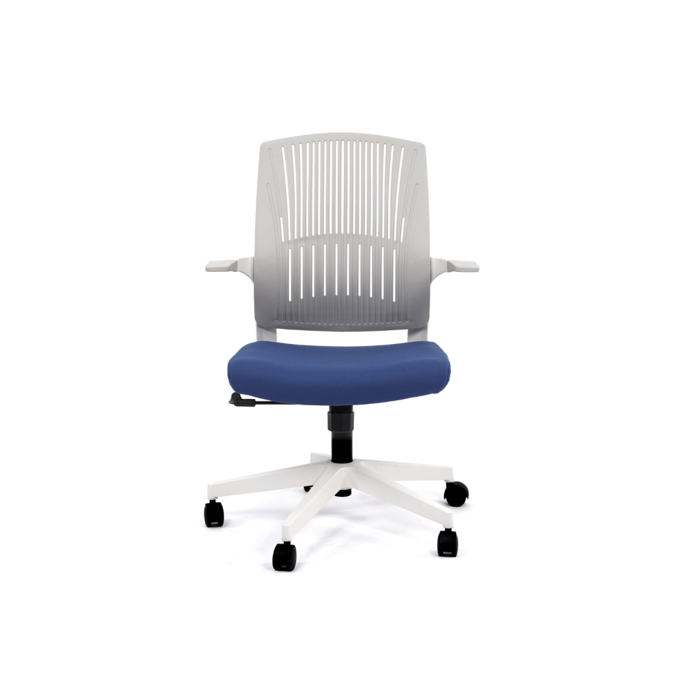 Работен стол BeYou, мрежа и дамаска,бяла PP база, фиксирани подлакътници, син