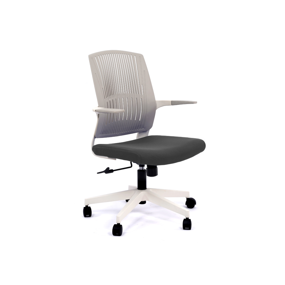 Работен стол BeYou, мрежа и дамаска,бяла PP база, фиксирани подлакътници, сив