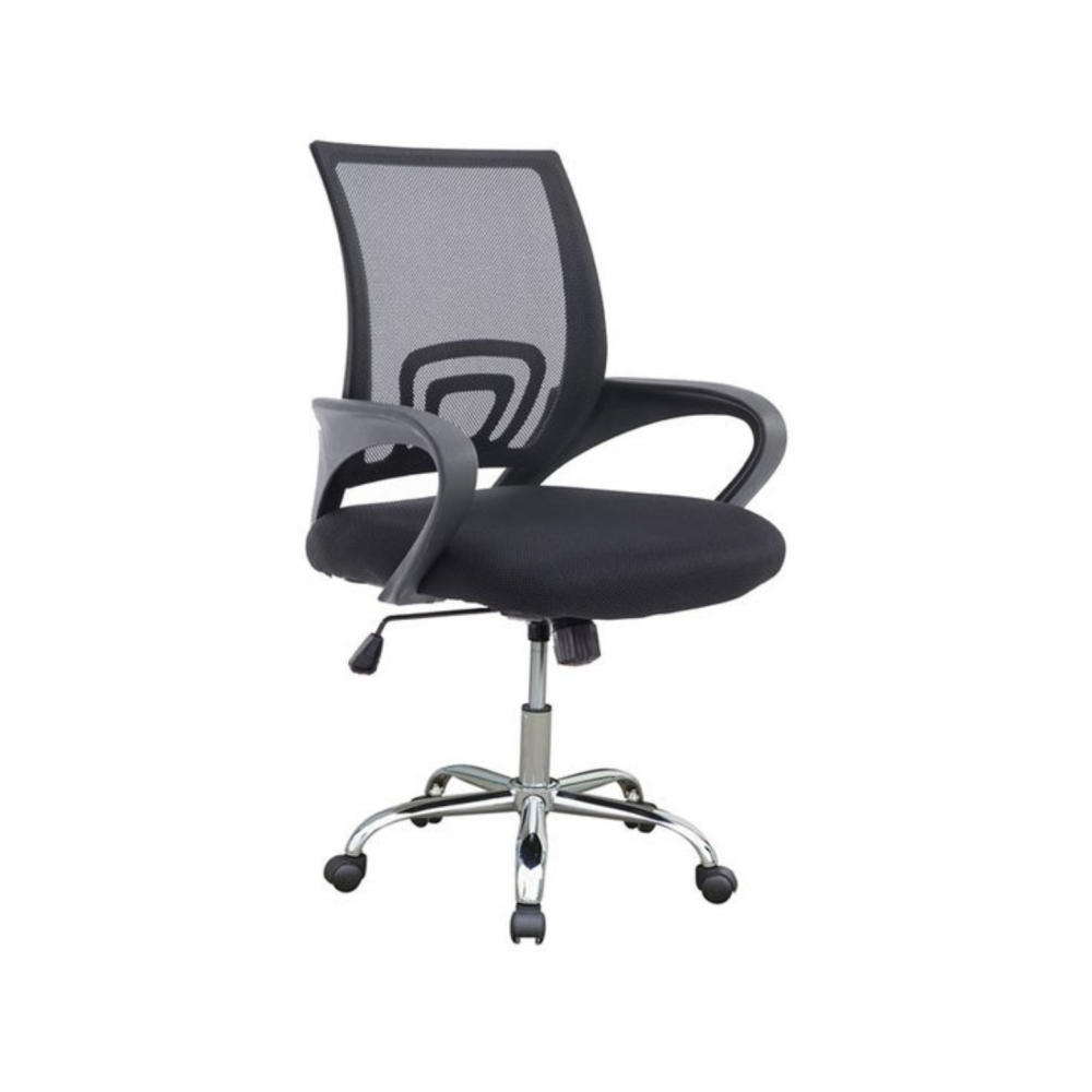 Работен стол Lori Black Chrome, мрежа и дамаска, база хром, черни фиксирани подлакътници, черен