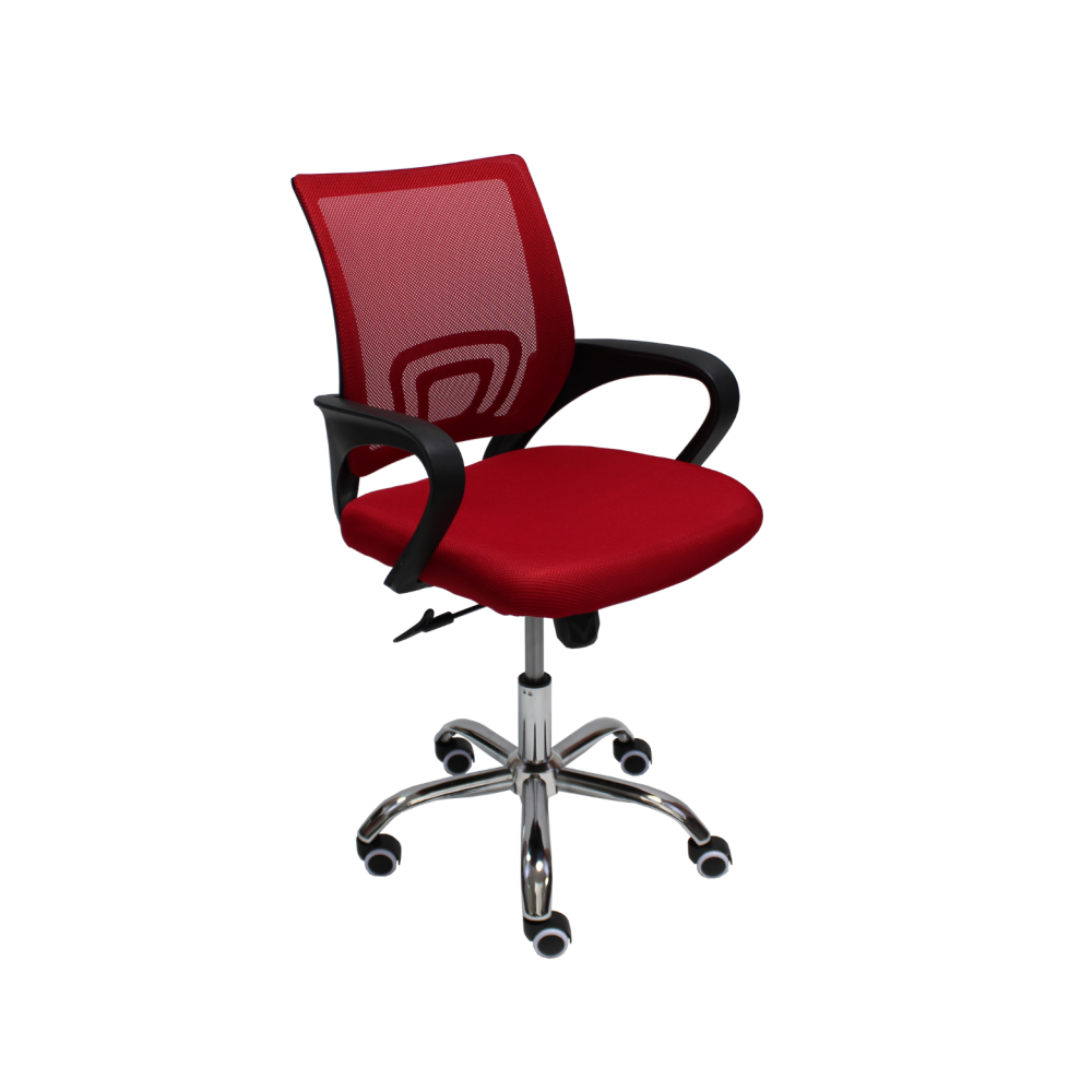 Работен стол Lori Black Chrome, мрежа и дамаска, база хром, черни фиксирани подлакътници, червен