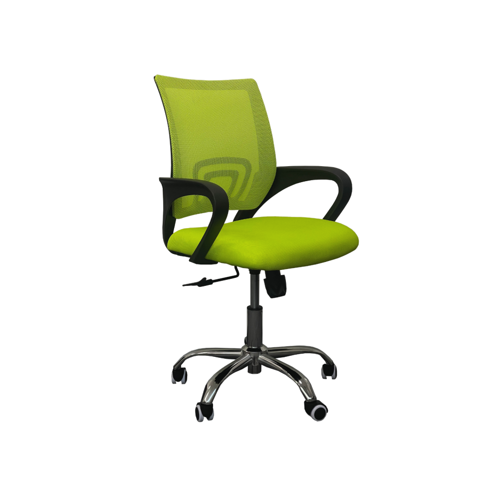 Работен стол Lori Black Chrome, мрежа и дамаска, база хром, черни фиксирани подлакътници, лайм