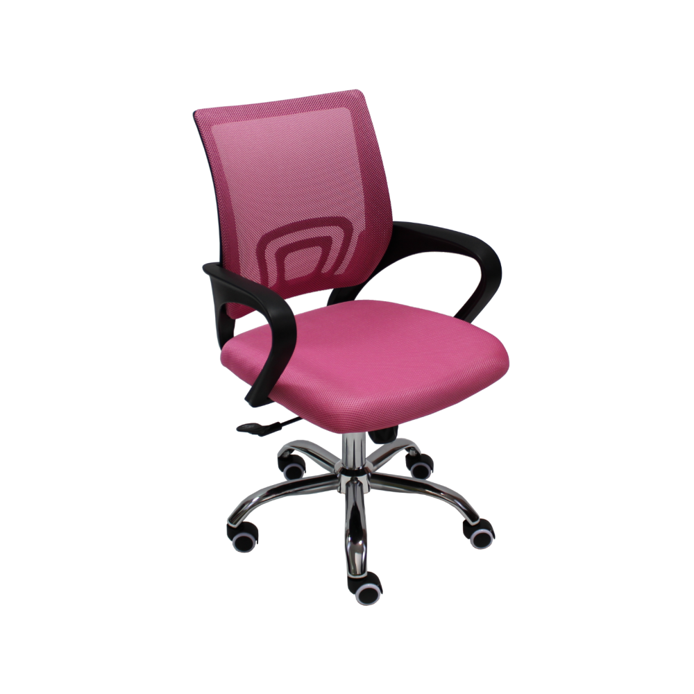 Работен стол Lori Black Chrome, мрежа и дамаска, база хром, черни фиксирани подлакътници, розов