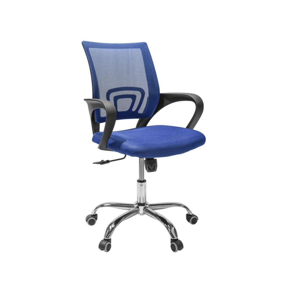 Работен стол Lori Black Chrome, мрежа и дамаска, база хром, черни фиксирани подлакътници, син