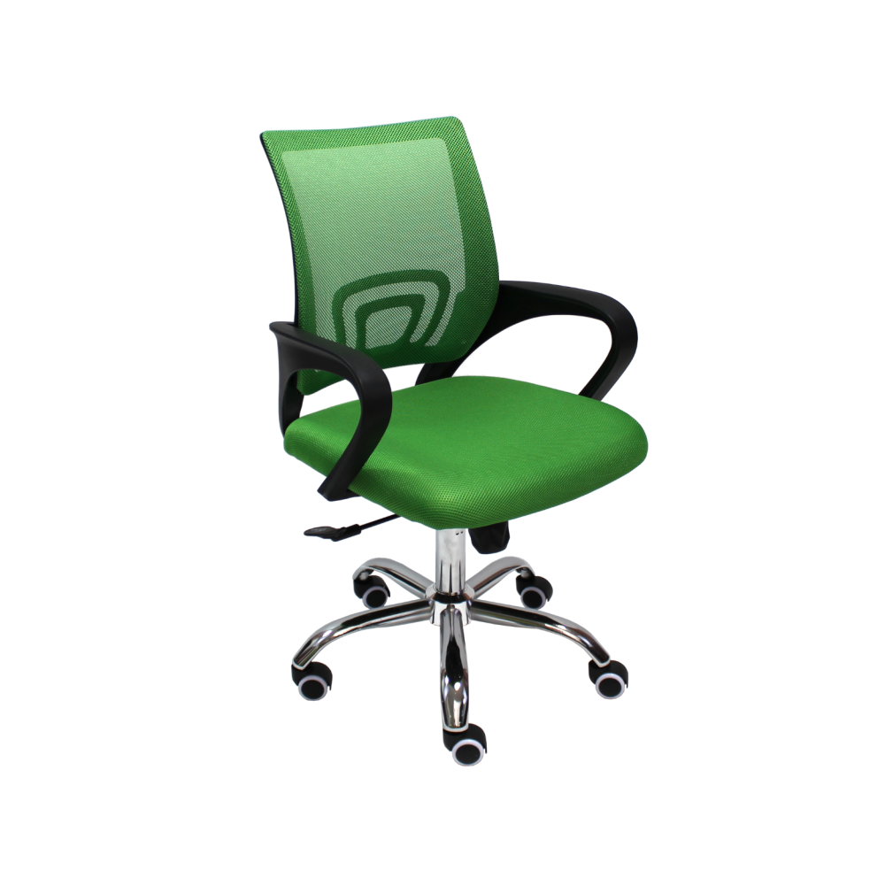 Работен стол Lori Black Chrome, мрежа и дамаска, база хром, черни фиксирани подлакътници, зелен