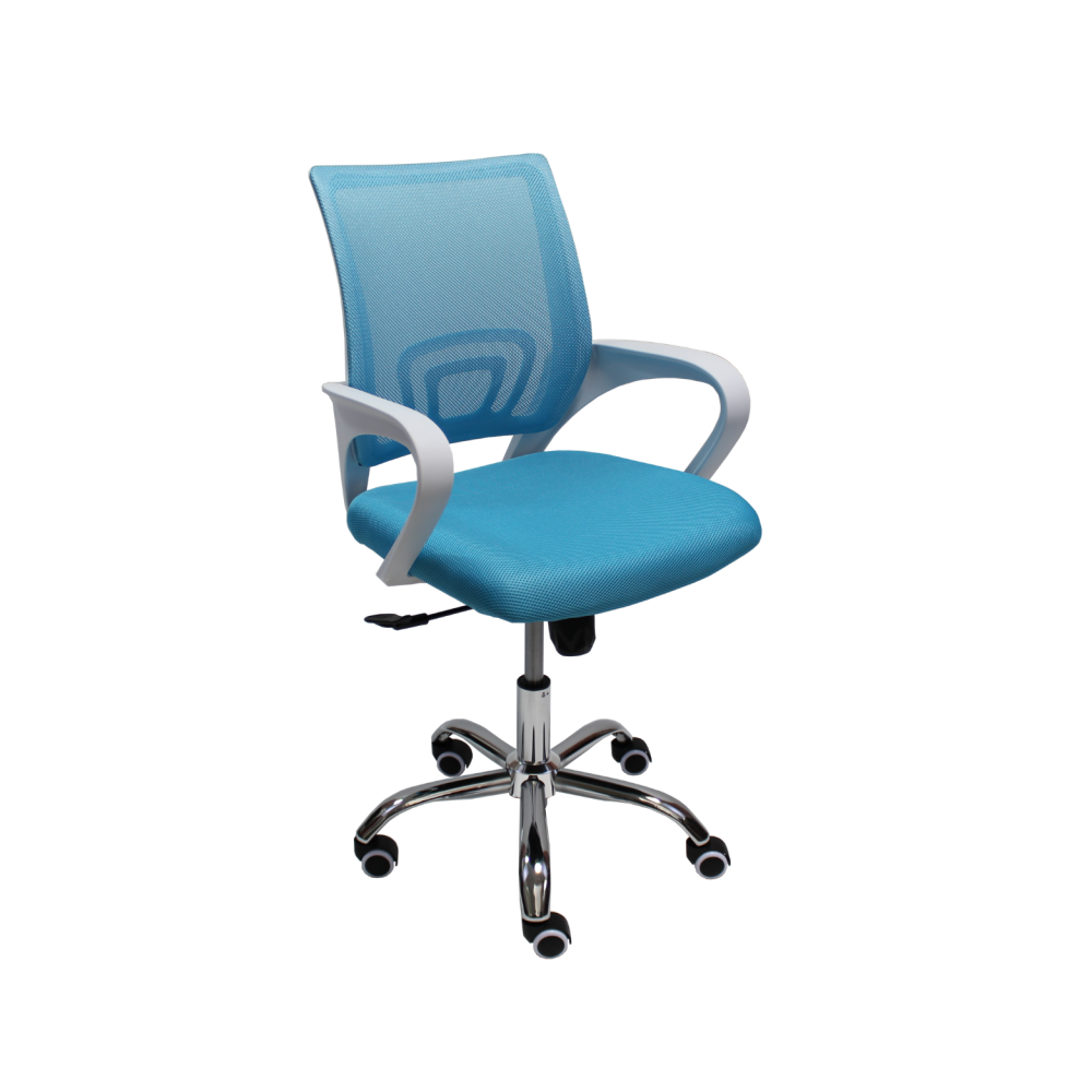 Работен стол Lori White Chrome, мрежа и дамаска, база хром, бели фиксирани подлакътници, аква