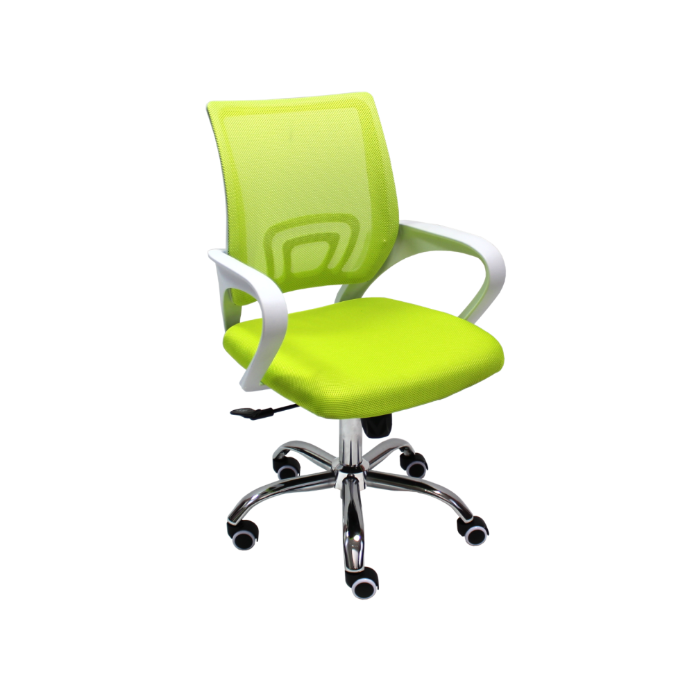 Работен стол Lori White Chrome, мрежа и дамаска, база хром, бели фиксирани подлакътници, лайм