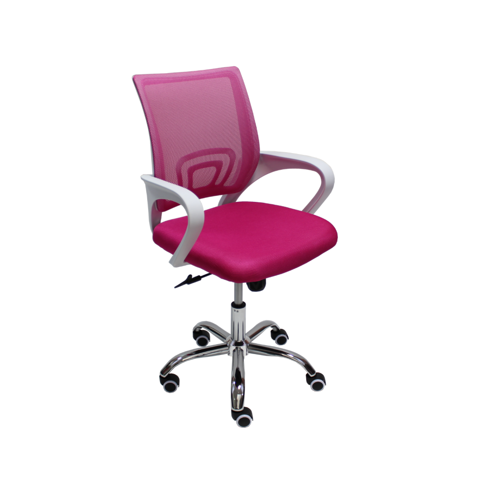 Работен стол Lori White Chrome, мрежа и дамаска, база хром, бели фиксирани подлакътници, магента