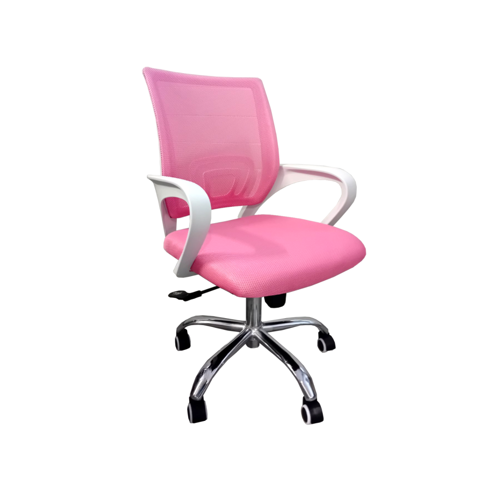 Работен стол Lori White Chrome, мрежа и дамаска, база хром, бели фиксирани подлакътници, розов