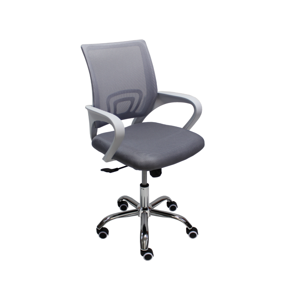 Работен стол Lori White Chrome, мрежа и дамаска, база хром, бели фиксирани подлакътници, сив