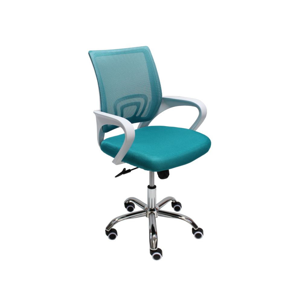 Работен стол Lori White Chrome, мрежа и дамаска, база хром, бели фиксирани подлакътници, тюркоаз
