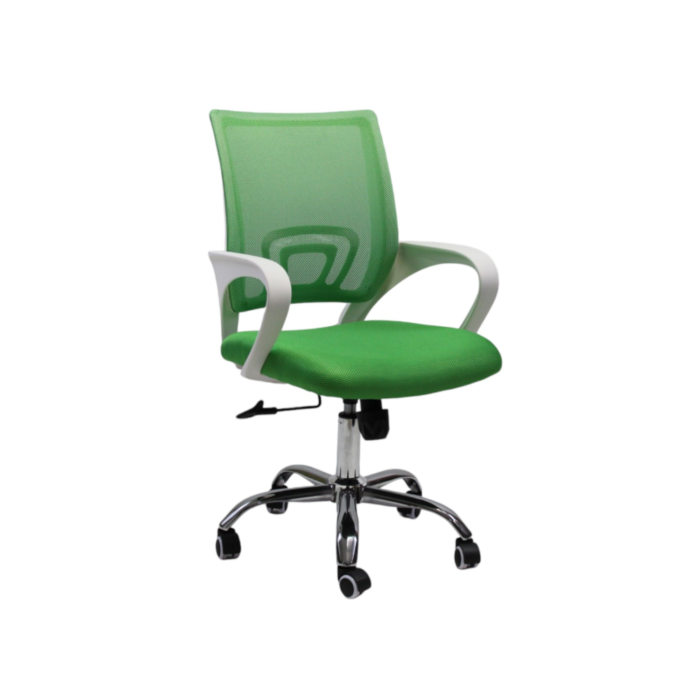 Работен стол Lori White Chrome, мрежа и дамаска, база хром, бели фиксирани подлакътници, зелен