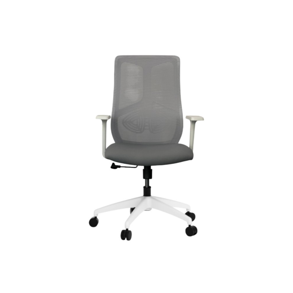 Работен стол STAR White, мрежа и дамаска,бяла PP база, фиксирани подлакътници,сив