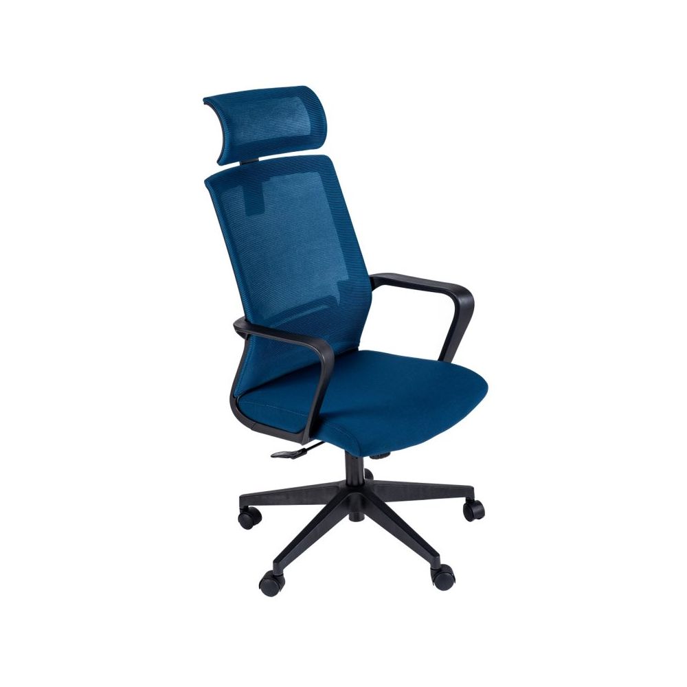 Работен стол TORO HB, мрежа и дамаска, черна PP база, черни фиксирани подлакътници, син