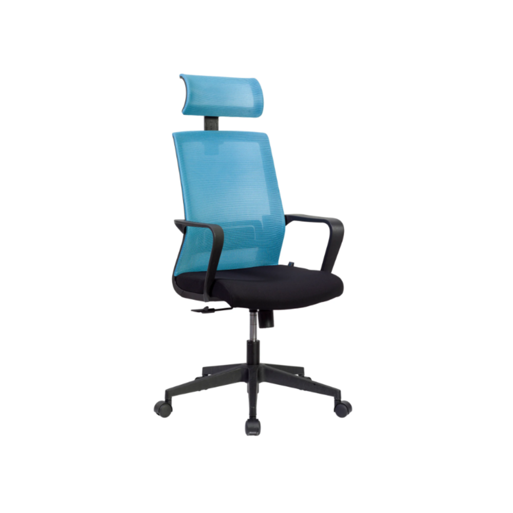 Работен стол TORO HB, мрежа и дамаска, черна PP база, черни фиксирани подлакътници, светлосин