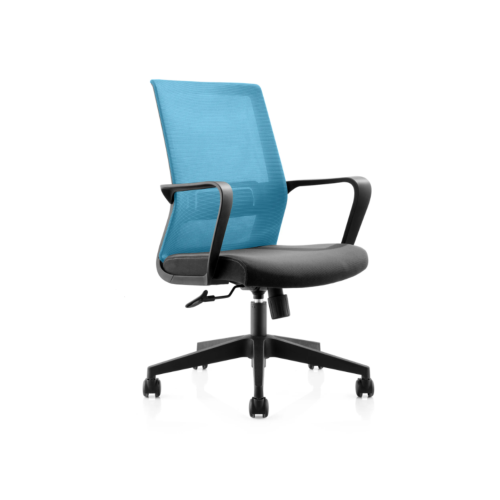 Работен стол TORO, мрежа и дамаска, черна PP база, черни фиксирани подлакътници, светлосин