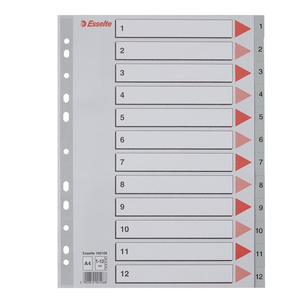 Разделител Esselte, 1-12, PP 120 mic, A4, сив, подсилена европерфорация, лицева страница