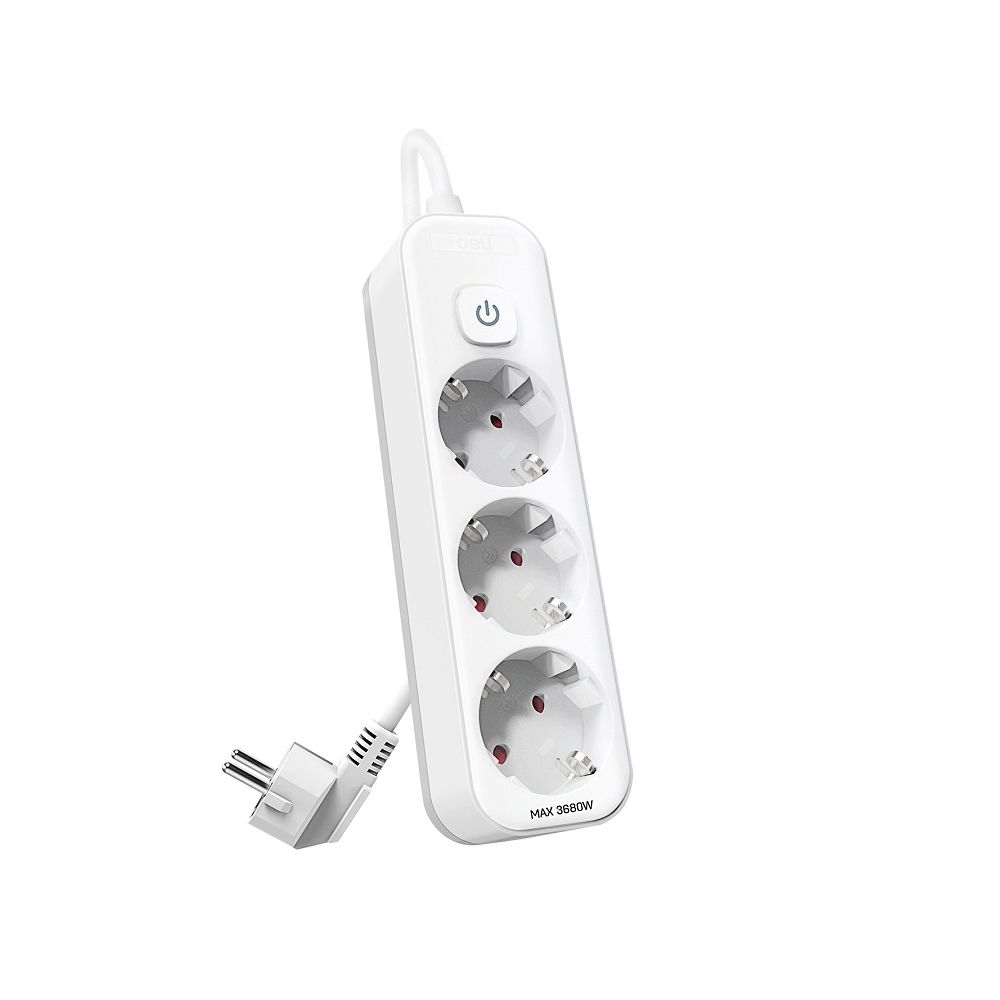 Разклонител Deli ET431, 3 гнезда с ключ, защита за деца, 1.8 м, бял