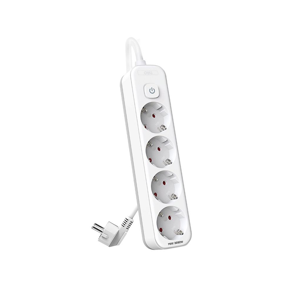 Разклонител Deli ET434, 4 гнезда с ключ, защита за деца, 1.8 м, бял
