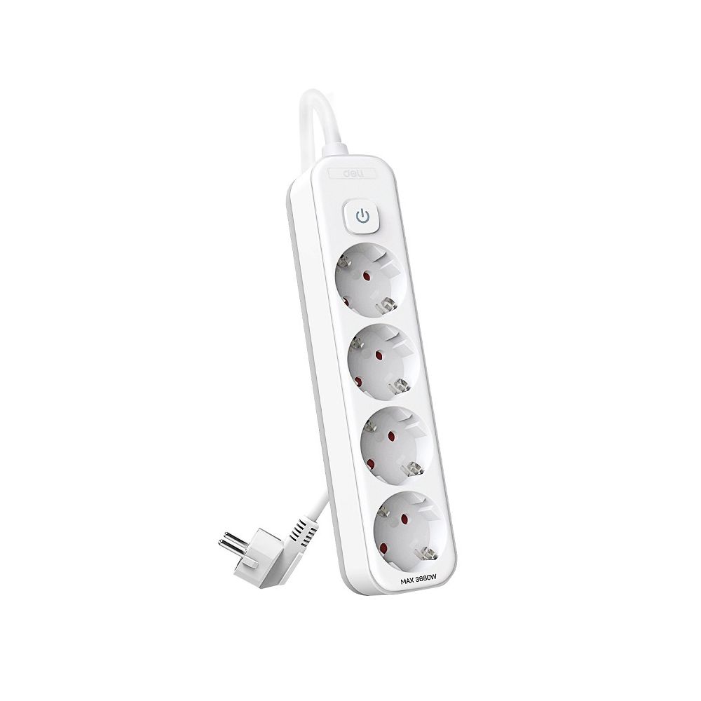 Разклонител Deli ET435, 4 гнезда с ключ, защита за деца, 3 м, бял