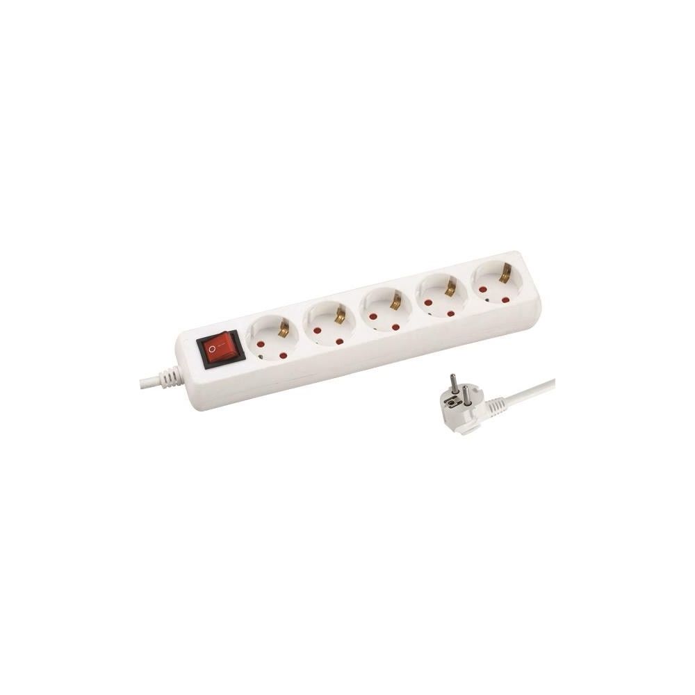 Разклонител Eurolamp, 5 гнезда с ключ, защита за деца, 1.5 м, бял