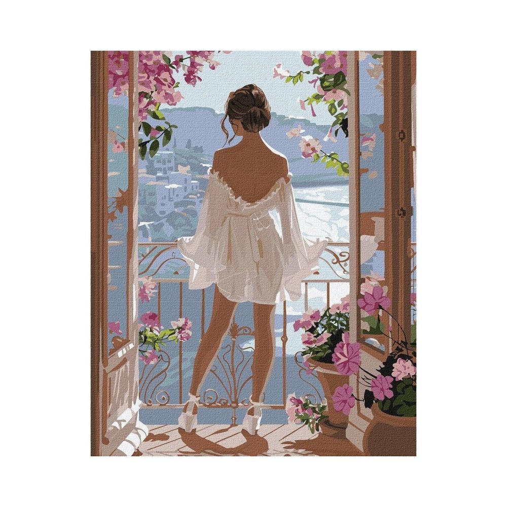 Рисуване по номера IDEYKA, с подрамка, INCREDIBLE LANDSCAPE/Жена на балкон, 40х50 см