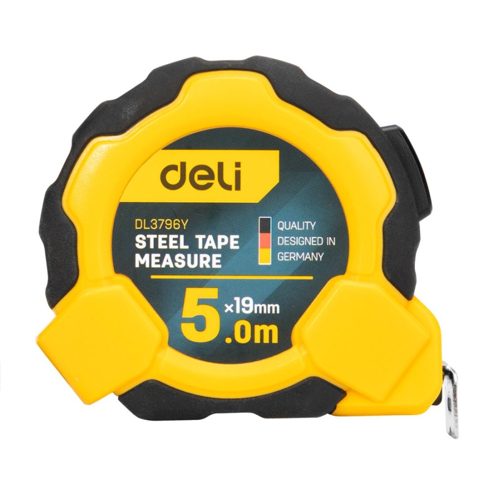 Ролетка Deli TOOLS EDL3796Y кръгла, с гумен грип, 5 м х 19 мм, жълточерна