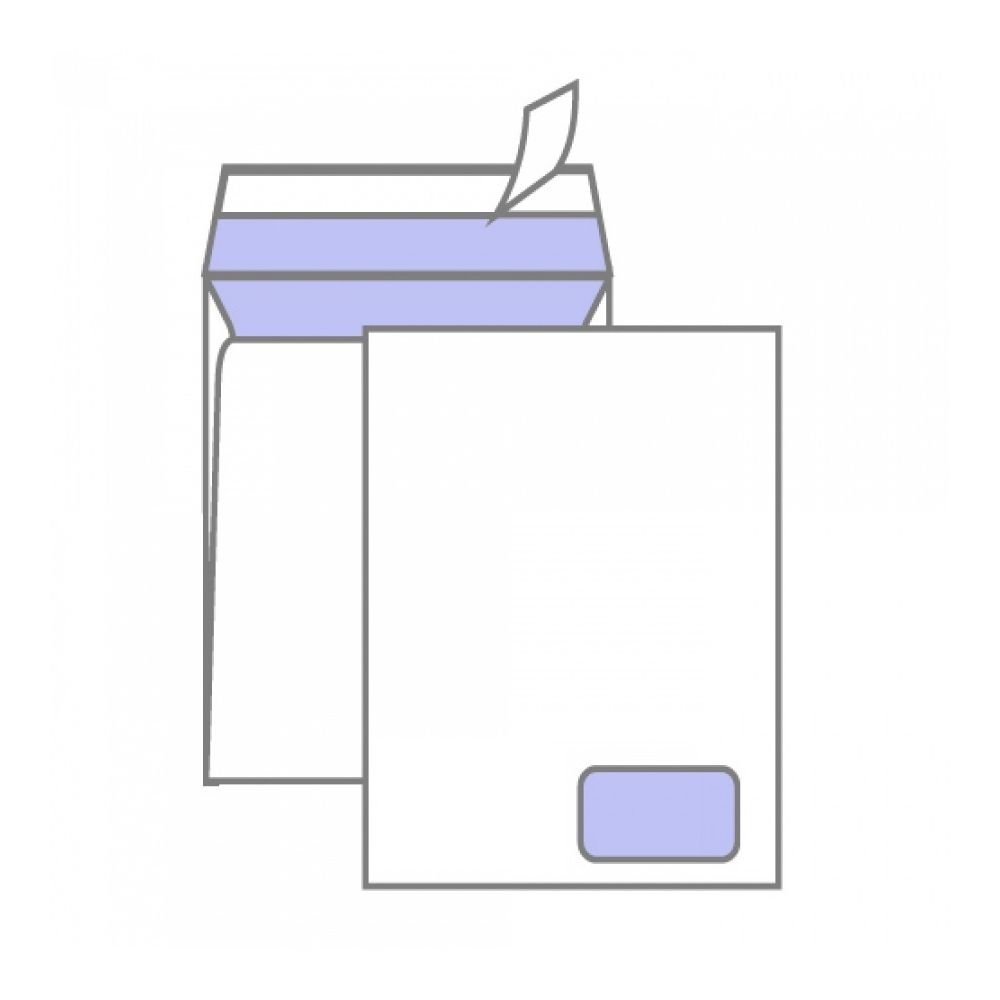 Самозалепващ плик C4, 229х324 мм, десен прозорец 45х90 мм, бял, 90 г, 250 бр.